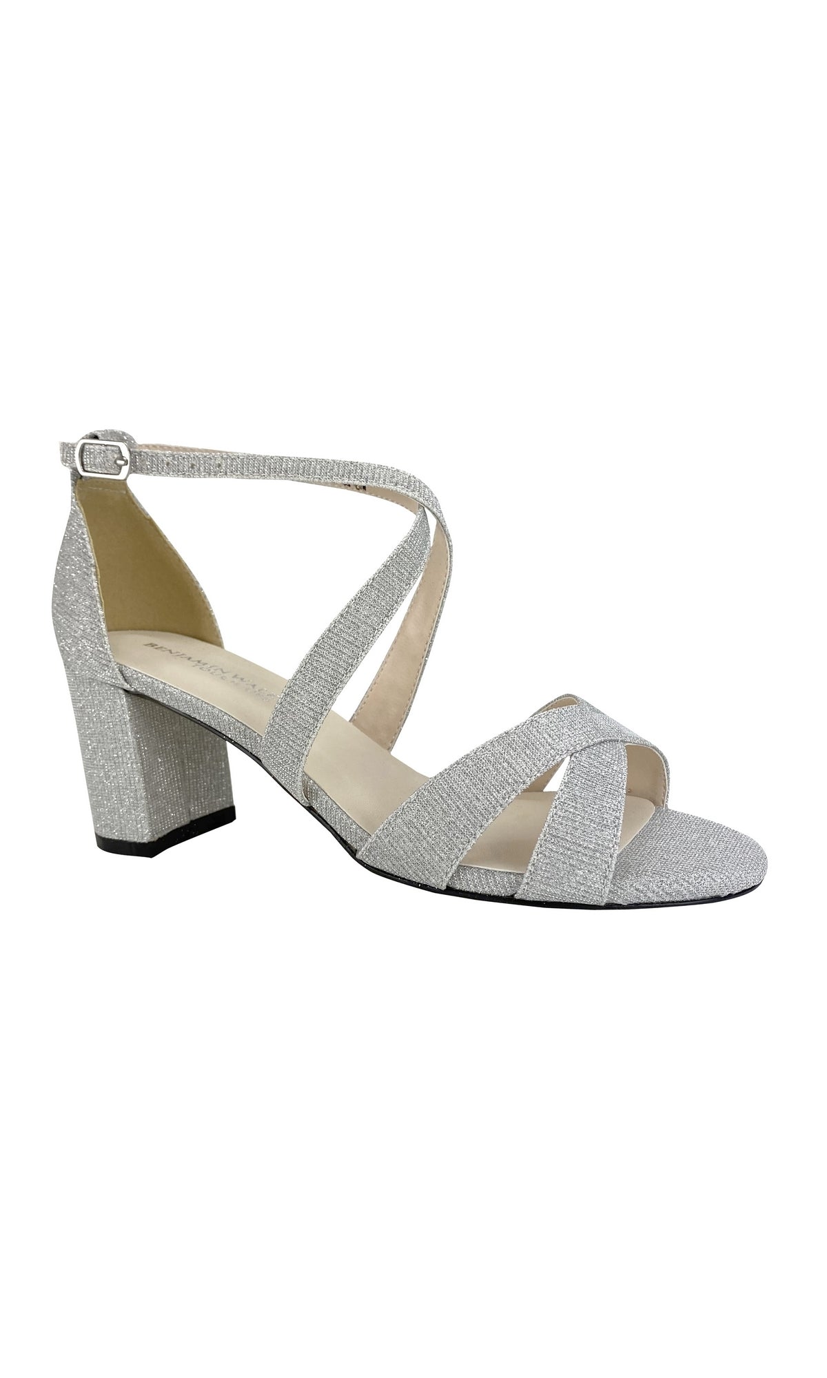 Aubrey Silver Prom Shoes by Touch Ups 4498: Elegant silver open-toe block heel sandals with crisscross straps and a secure ankle buckle, perfect for prom.